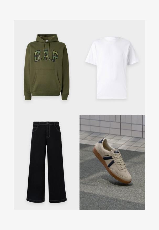 Olivegrüner Hoodie mit frontaler Kängurutasche, Kapuze mit Kordelzug und "GAP"-Logo im Camouflage-Druck über der Brust.; Weißes kurzärmeliges T-Shirt aus Baumwolle mit Rundhalsausschnitt, das eine glatte Textur und ein einfaches Design ohne Muster oder Akzente aufweist.; Schwarze weit geschnittene Jeanshose aus Denim, mit Knopfverschluss, fünf Taschen und kontrastierendem weißen Nähten entlang der Nähte.; Beige Sneaker mit strukturierter Oberfläche, dunkelblauen Streifen und Gummisohle. Verfügt über eine gepolsterte Zunge und ein traditionelles Schnürsystem für einen sicheren Sitz.