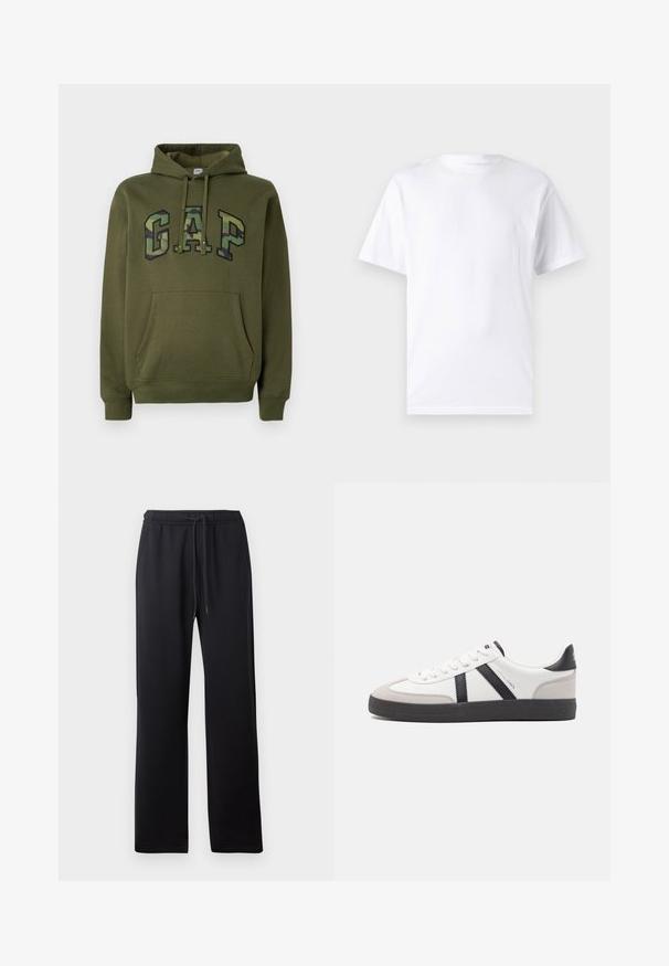 Oliivinvihreä huppari, jossa on etupäivä tasku, säädettävä huppu ja "GAP"-logo camouflage-kuvassa rinnassa.; Valkoinen lyhythihainen t-paita, joka on valmistettu puuvillasta, ja siinä on pyöreä kaula-aukko. T-paidassa on sileä pinta ja yksinkertainen muotoilu ilman kuvioita tai koristeita.; Abercrombie & Fitch ESSENTIAL BAGGY OPEN HEM CASUAL - Verryttelyhousut - black; Valkoiset lenkkarit mustilla ja harmailla yksityiskohdilla, joissa on teksturoitu harmaa kärki, musta kumipohja ja litteät valkoiset nauhat. Siisti muotoilu, minimalistinen tyyli.