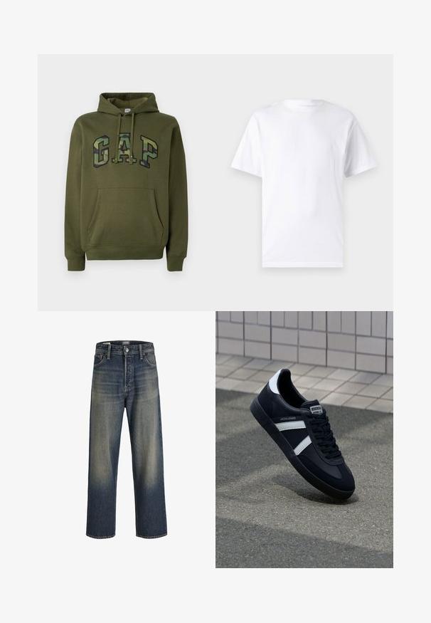 Olivegrüner Hoodie mit frontaler Kängurutasche, Kapuze mit Kordelzug und "GAP"-Logo im Camouflage-Druck über der Brust.; Weißes kurzärmeliges T-Shirt aus Baumwolle mit Rundhalsausschnitt, das eine glatte Textur und ein einfaches Design ohne Muster oder Akzente aufweist.; Weite Jeans in dunkelblauem Denim mit einem Farbverlauf-Finish, ausgestattet mit einem Knopfverschluss, einem Fünf-Taschen-Design und strukturierten Nähdetails.; Schwarze Leder-Sneaker mit weißen Streifen, strukturiertem Gummisohle und Schnürung. Verfügt über ein Markenetikett auf der Zunge.