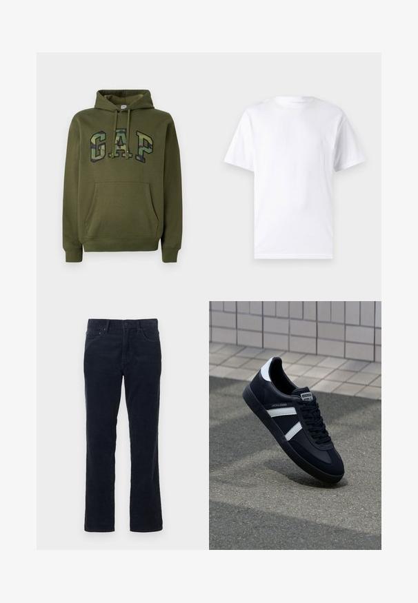 Olijfgroene hoodie met een voorste buidelzak, trekkoord capuchon en het "GAP" logo in camouflageprint over de borst.; Witte T-shirt met korte mouwen, gemaakt van katoen, met een ronde hals. Het heeft een gladde textuur en een eenvoudig ontwerp zonder patronen of accenten.; Donkerblauwe corduroy broek met een rechte pijp, voorzien van zakken aan de voorkant, een ritssluiting met knoopsluiting, en een subtiele verticale geribbelde structuur.; Zwarte leren sneaker met witte strepen, een gestructureerde rubberen zool en vetersluiting aan de voorkant. Voorzien van een merklabel op de tong.