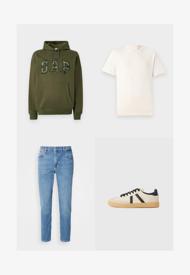 Sudadera verde oliva con bolsillo canguro frontal, capucha con cordones y logotipo "GAP" en estampado de camuflaje en el pecho.; TOM TAILOR BASIC CREW NECK - Camiseta básica - smooth light sand; Vaqueros de mezclilla azul claro con corte recto, diseño de cinco bolsillos y un sutil desgastado. Presentan un cierre de botón y pasadores para cinturón.; Zapatillas casuales en crema con rayas negras, con parte superior texturizada y suela de goma. Los cordones son negros. Logo sutil en el costado.