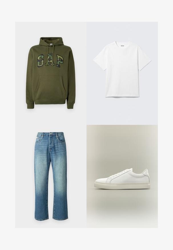 Sudadera verde oliva con bolsillo canguro frontal, capucha con cordones y logotipo "GAP" en estampado de camuflaje en el pecho.; Camiseta blanca de manga corta con cuello redondo, colocada plana, diseño liso, con etiqueta "WEEKDAY" en el interior del cuello sobre un fondo claro.; Jeans de mezclilla azul claro con pierna recta, cinco bolsillos, cierre frontal con botón y un leve desgastado en toda la tela.; Zapatilla blanca de perfil bajo con cordones en la parte delantera y suela gruesa, mostrada de lado sobre un fondo neutro.