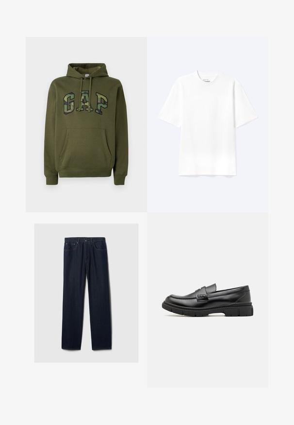 Sudadera verde oliva con bolsillo canguro frontal, capucha con cordones y logotipo "GAP" en estampado de camuflaje en el pecho.; Camiseta lisa blanca de manga corta y cuello redondo con un corte relajado, mostrada sobre un fondo claro.; Vaqueros de mezclilla de pierna recta en azul oscuro con diseño de cinco bolsillos, cierre de botón y costuras visibles sobre un fondo claro.; Mocasin de cuero negro con una cinta ancha en el empeine, suela de goma con tacos gruesos y textura suave. Diseño clásico y elegante.