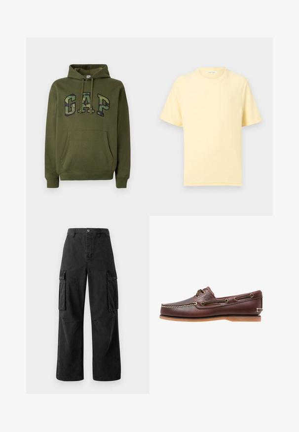 Olivegrüner Hoodie mit frontaler Kängurutasche, Kapuze mit Kordelzug und "GAP"-Logo im Camouflage-Druck über der Brust.; Weiches, gelbes T-Shirt mit kurzen Ärmeln und Rundhalsausschnitt in entspannter Passform vor einfarbig hellem Hintergrund.; Schwarze Cargohose aus Baumwollmischgewebe mit weitem Bein, zwei Seitentaschen und Knopfverschluss an der Taille.; Brauner Leder-Bootsschuh mit weißen Nähten, Schnürdetails und hellbrauner Gummisohle, seitlich auf weißem Hintergrund gezeigt.