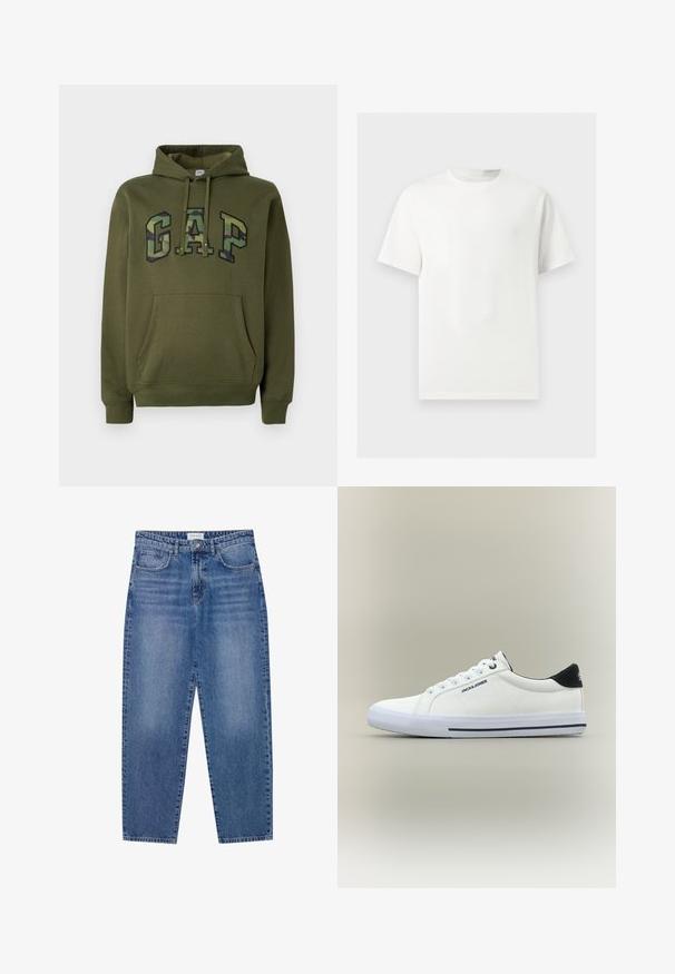 Hoodie vert olive avec poche kangourou à l'avant, capuche à cordon de serrage et logo "GAP" en impression camouflage sur la poitrine.; T-shirt blanc uni à manches courtes et col rond présenté sur un fond gris clair.; Jean en denim bleu avec une taille haute, une coupe droite et une finition délavée. Comprend cinq poches et une fermeture à bouton.; Baskets basses blanches avec languette talon noire, lacets blancs, et logo "JACK & JONES" sur le côté et la languette, sur un fond neutre.