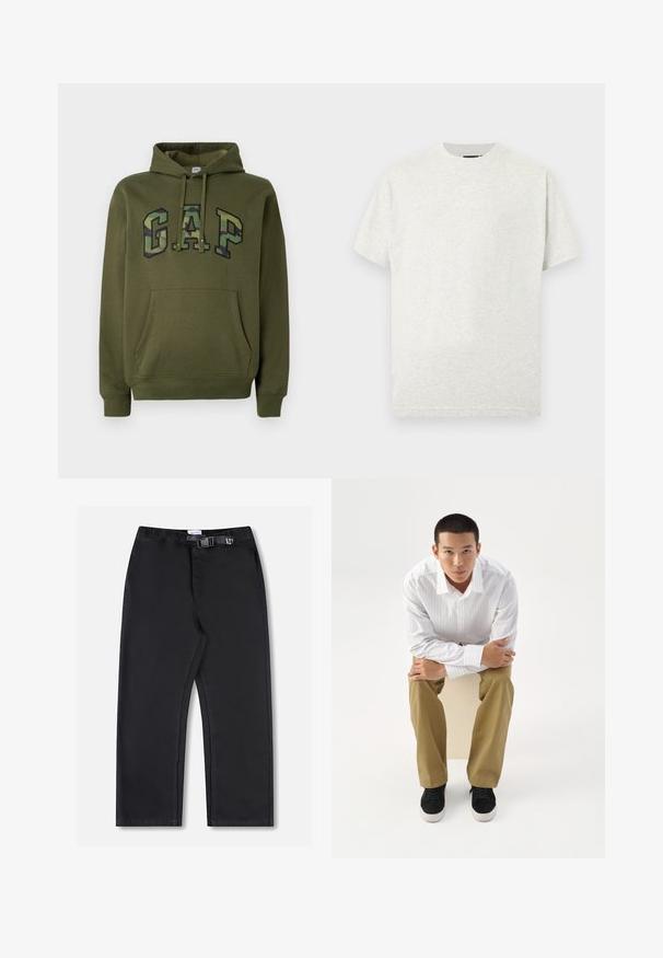 Sudadera verde oliva con bolsillo canguro frontal, capucha con cordones y logotipo "GAP" en estampado de camuflaje en el pecho.; Camiseta de algodón gris claro con cuello redondo, mangas cortas y textura suave. Diseño sencillo sin patrones ni detalles visibles.; Pantalones negros de pierna recta con cintura elástica y cierre lateral con hebilla, mostrados sobre un fondo blanco.; Joven con camisa blanca de rayas y pantalones caqui sentado hacia adelante en un taburete con los brazos cruzados, mirando directamente hacia adelante sobre un fondo blanco.