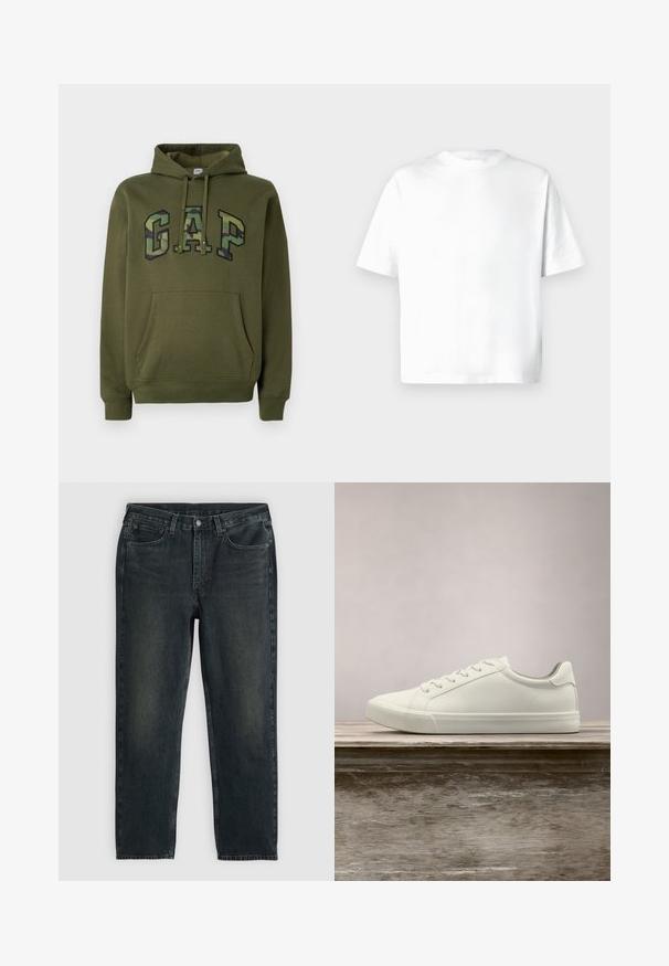 Olivengrøn hættetrøje med frontkangaroo-lomme, snoretræk i hætten og "GAP" logo i camouflageprint på brystet.; Hvid t-shirt med korte ærmer lavet af blød bomuld, med rund hals og en afslappet pasform uden mønstre eller grafik. Glat tekstur.; Mørkeblå denimjeans med lige ben, der har fem lommer, lynlås og kontrasterende syninger. Diskret falming på stoffet.; Hvide snørresneakers svævende over en træbænk med grønne planter i baggrunden, der fremhæver skodesign og tekstur.