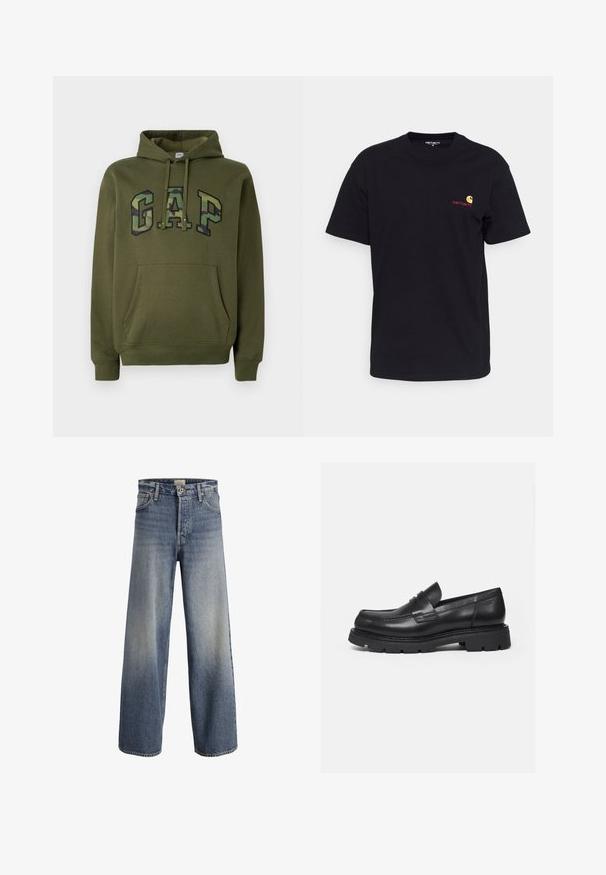 Olivegrüner Hoodie mit frontaler Kängurutasche, Kapuze mit Kordelzug und "GAP"-Logo im Camouflage-Druck über der Brust.; Schwarzes Baumwoll-T-Shirt mit kurzen Ärmeln, rundem Halsausschnitt und kleinem bunten Logo auf der linken Brust. Klassischer Schnitt mit glatter Textur.; Helle blaue Schlagjeans aus Denim. Sie verfügen über eine hohe Taille, einen Knopfverschluss und subtile Ausbleichungen mit einer glatten Textur und genähten Nähten.; Schwarzer Lederloafer mit dicker, profilierter Sohle und Pennyriemen-Detail, von der rechten Seitenansicht auf weißem Hintergrund gezeigt.