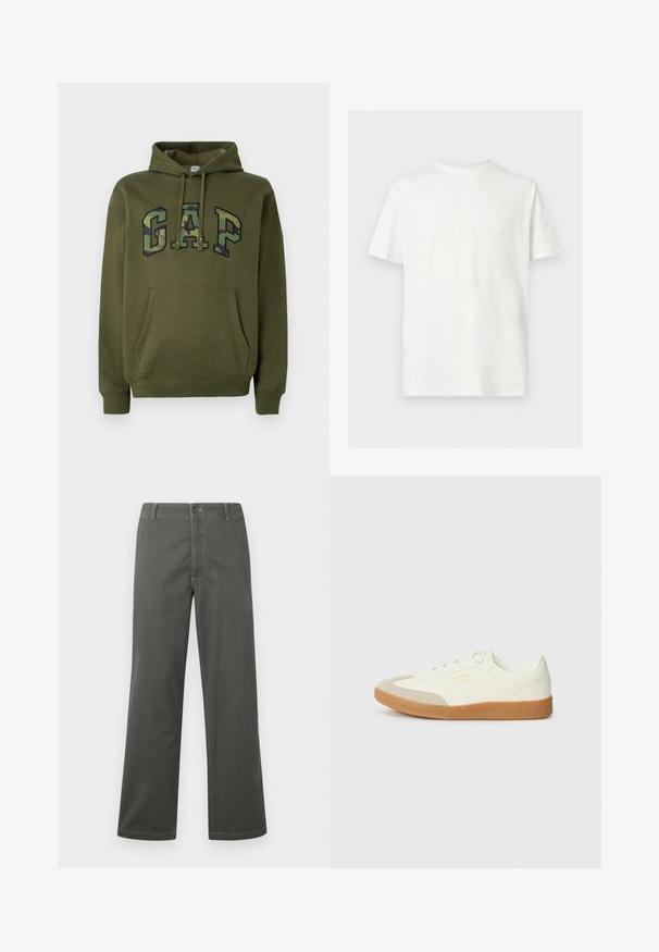 Olivegrüner Hoodie mit frontaler Kängurutasche, Kapuze mit Kordelzug und "GAP"-Logo im Camouflage-Druck über der Brust.; Weißes T-Shirt mit kurzen Ärmeln und Rundhalsausschnitt in lockerer Passform auf hellem, einfarbigem Hintergrund.; Graue Hosen mit weitem Bein aus Baumwollmischgewebe, mit einem klassischen Fünf-Taschen-Design und einem vorderen Knopfverschluss sowie kontrastierenden Nähdetails.; Sneaker aus weißem Leder mit einer beigen Zehenkappe und leichter brauner Gummisohle. Verfügt über flache weiße Schnürsenkel und geprägtes Branding an der Seite.