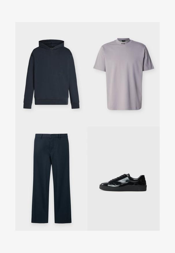 Sweat à capuche bleu marine foncé, manches longues, poignets et taille côtelés, avec un discret patch logo rectangulaire sur la poitrine.; T-shirt gris clair à manches courtes, col ras du cou côtelé, avec le logo "BOSS" imprimé sous l'encolure.; Pantalon bleu marine à jambe droite avec passants de ceinture, fermeture par bouton et fermeture éclair avant sur un fond clair.; Baskets en cuir verni noir avec un bout arrondi, un laçage, une semelle en caoutchouc texturé et une finition lisse.