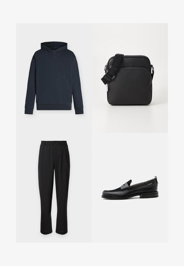 Sweat à capuche bleu marine foncé, manches longues, poignets et taille côtelés, avec un discret patch logo rectangulaire sur la poitrine.; Pantalon noir avec une taille élastique, fermeture à bouton et design à jambe droite. Tissu lisse, sans motifs ni accents visibles.; Mocassin en cuir noir avec détail de bride grise, talon bas et semelle texturée, marqué "HUGO" en or sur le côté.; Sac bandoulière en cuir noir avec une surface texturée, doté d'une poche zippée à l'avant, d'une bandoulière ajustable et d'accents en métal.