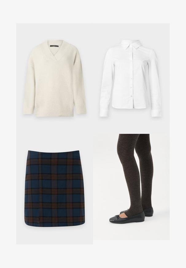 V-hals sweater i lys creme, lavet af blødt materiale. Har sænkede skuldre, ribbet ærmekanter og en afslappet pasform.; Hvid skjorte med lange ærmer, knapper, spids krave, lige kant og tætsiddende silhuet, vist på en ensartet lys baggrund.; Marineblåternet mini nederdel med brune og grå striber, lavet af et glat stof, med en diskret slids bagpå for let bevægelse.; Ben iført mørke ribbede leggings kombineret med sorte balletsko med små sløjfedetaljer på hvid baggrund.