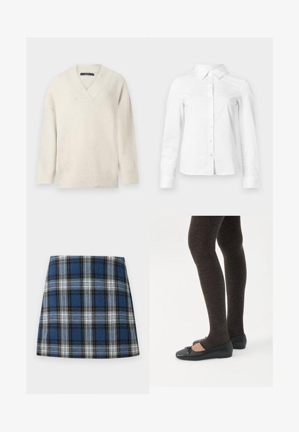 V-hals sweater i lys creme, lavet af blødt materiale. Har sænkede skuldre, ribbet ærmekanter og en afslappet pasform.; Hvid skjorte med lange ærmer, knapper, spids krave, lige kant og tætsiddende silhuet, vist på en ensartet lys baggrund.; Blåternet skørt med et varieret ternmønster i blå, sort og hvid. Fremstillet af et struktureret stof med en tætsiddende silhuet.; Ben iført mørke ribbede leggings kombineret med sorte balletsko med små sløjfedetaljer på hvid baggrund.