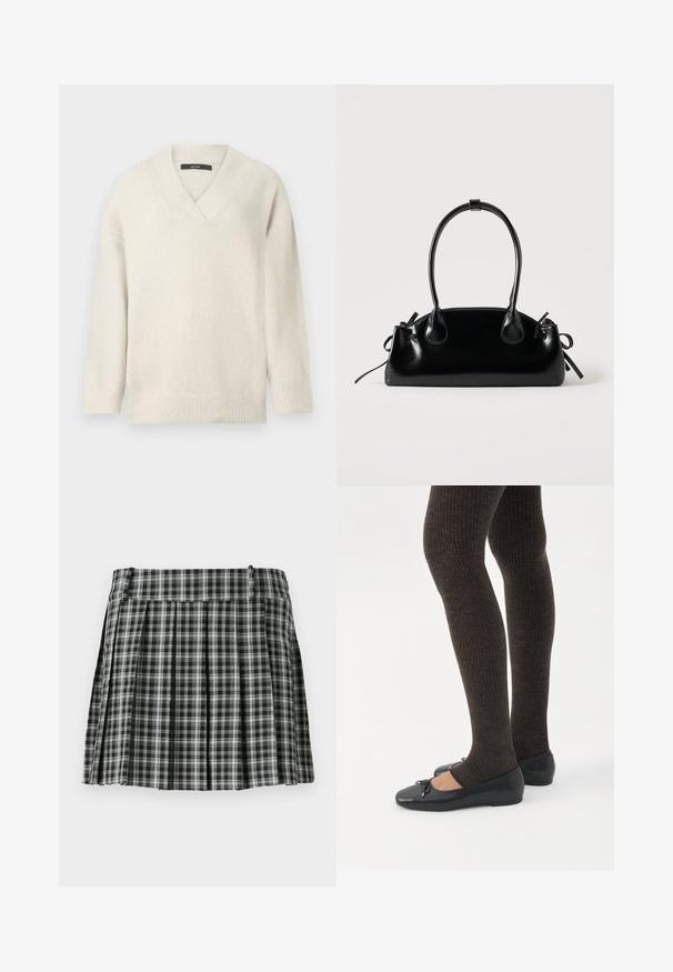 V-hals sweater i lys creme, lavet af blødt materiale. Har sænkede skuldre, ribbet ærmekanter og en afslappet pasform.; Sort-hvidt ternet plisseret nederdel med en glat talje og flere lodrette folder. Fremstillet af let stof.; Ben iført mørke ribbede leggings kombineret med sorte balletsko med små sløjfedetaljer på hvid baggrund.; Lille sort blank håndtaske med to lange håndtag og snøre-detaljer i siden på en ensfarvet lys baggrund.