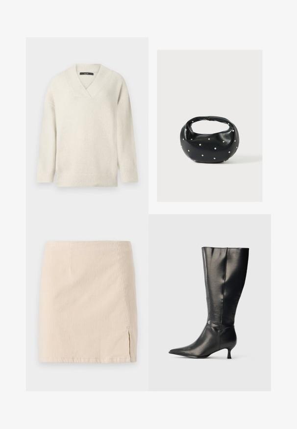 Pull à col en V en crème clair, fabriqué à partir d'un matériau doux. Présente des épaules tombantes, des poignets côtelés et une coupe décontractée.; Jupe mini en velours côtelé beige avec une texture à côtes verticales, dotée d'une fente sur le côté pour un détail supplémentaire. L'ourlet est droit et cousu de manière uniforme.; Botte en cuir noire montant jusqu'au genou, avec un bout pointu et un petit talon bas, présentée sur un fond clair uni.; Sac à main en cuir noir de forme arrondie, décoré de clous argentés et équipé d'une poignée courte. Texture lisse et fermeture éclair.