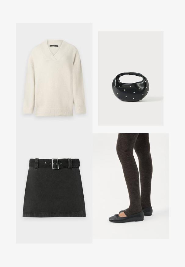 Pull à col en V en crème clair, fabriqué à partir d'un matériau doux. Présente des épaules tombantes, des poignets côtelés et une coupe décontractée.; Jupe mini en denim noir avec une ceinture assortie présentant une boucle métallique et des passants de ceinture, affichée à plat sur un fond blanc.; Jambes portant des leggings côtelés foncés associés à des ballerines noires avec de petits détails en nœud sur fond blanc.; Sac à main en cuir noir de forme arrondie, décoré de clous argentés et équipé d'une poignée courte. Texture lisse et fermeture éclair.