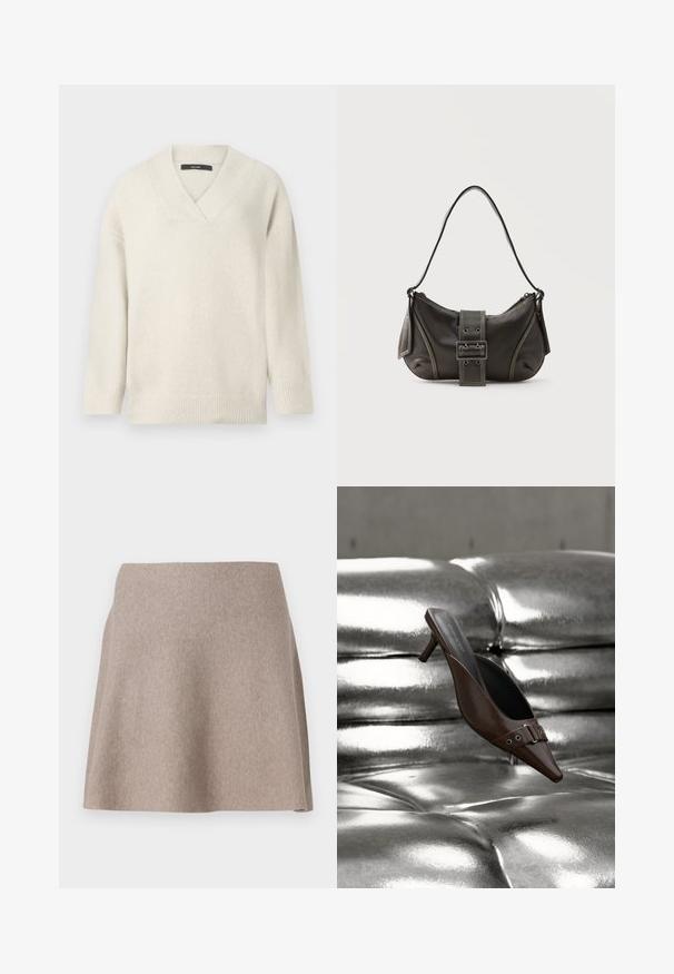 V-hals sweater i lys creme, lavet af blødt materiale. Har sænkede skuldre, ribbet ærmekanter og en afslappet pasform.; En beige, flagrende nederdel lavet af blødt stof med en glat tekstur og en ren kant. Enkel design uden synlige mønstre eller udsmykninger.; Brun spids tå hæl mule med spænde detalje svævende over en skinnende sølv tuftet læderoverflade.; Sort læder skuldertaske med spænde på remmen, afrundede kanter og kontrasterende hvide syninger på en ensfarvet baggrund.