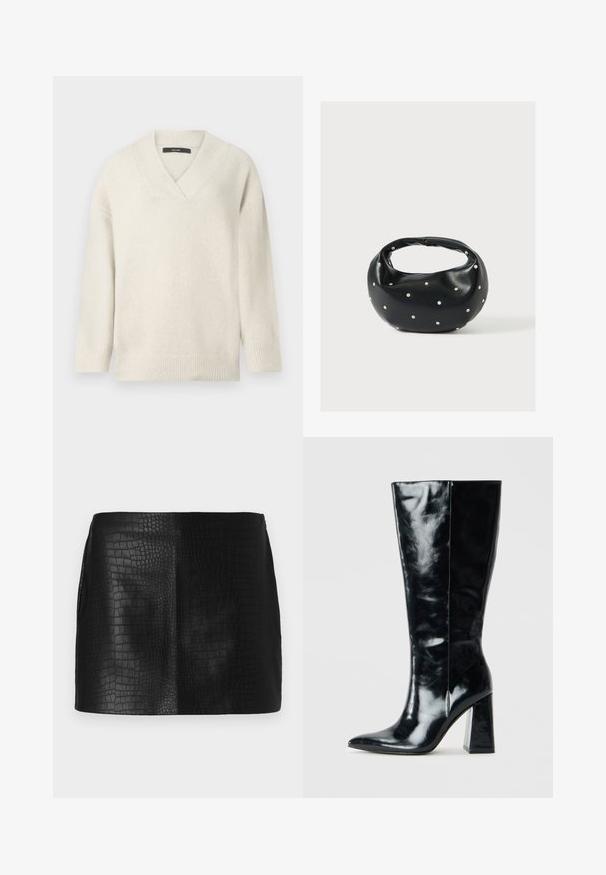 Pull à col en V en crème clair, fabriqué à partir d'un matériau doux. Présente des épaules tombantes, des poignets côtelés et une coupe décontractée.; Mini jupe en simili cuir noir avec un motif crocodile texturé, présentant une finition lisse et une coupe ajustée sans accessoires visibles.; Bottes noires montantes en cuir brillant, avec une pointe effilée et un talon géométrique épais au toucher lisse.; Sac à main en cuir noir de forme arrondie, décoré de clous argentés et équipé d'une poignée courte. Texture lisse et fermeture éclair.