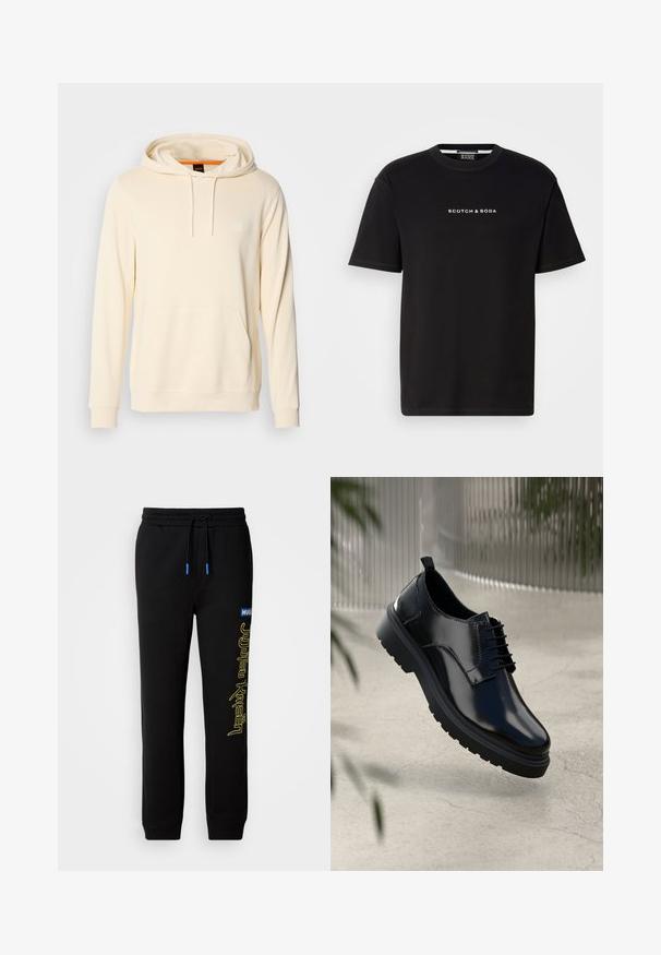 Cremefarvet hættetrøje lavet af blødt stof, med en frontlomme, snoretræk og et lille logo på brystet.; Sort bomulds t-shirt med rund halsudskæring, korte ærmer og hvid broderet tekst "SCOTCH & SODA" på forsiden. Glat tekstur.; Sorte sweatpants med elastisk talje og snøre, med et blåt mærke og en gul "Jujutsu Kaisen" grafik på venstre ben.; Sorte lædersko med en blank overflade, rund tå, snøredesign, kontrastsyninger og en tyk gummisål med mønster.