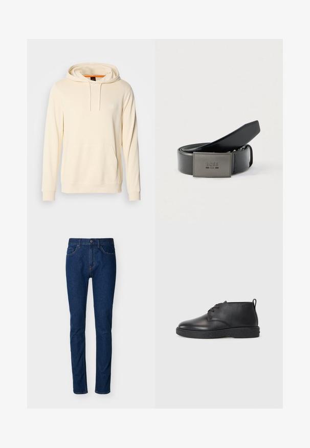 Cremefarvet hættetrøje lavet af blødt stof, med en frontlomme, snoretræk og et lille logo på brystet.; Mørkeblå denimjeans med slim fit, fem-lomme design, synlige syninger og knaplukning ved taljen. Glat tekstur.; Sorte læder ankelstøvler med glat tekstur, rund tå og sort gummisål. Har en snørelukning og en hælflap for nem påtagning.; Sort læderbælte med en glat finish, der har en rektangulær grå metalspænde præget med "BOSS." Elegant og enkelt design.