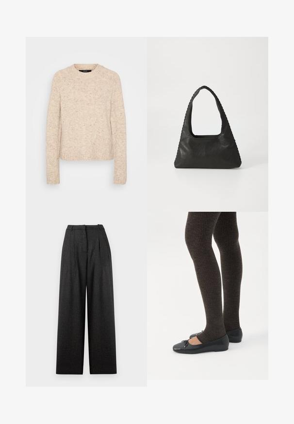 Pull en tricot beige avec un col rond, des bords côtes aux poignets et à l'ourlet, doté d'une finition douce et texturée avec des touches de couleurs plus sombres.; Pantalons larges en motif tartan gris foncé, avec une taille haute, des plis et une coupe structurée. Fabriqués en tissu texturé.; Jambes portant des leggings côtelés foncés associés à des ballerines noires avec de petits détails en nœud sur fond blanc.; Sac à main en cuir noir de forme triangulaire, avec une grande poignée découpée et des coutures détaillées le long des bords. Texture lisse.