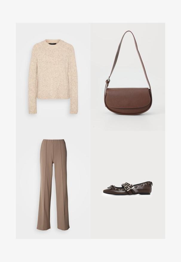 Pull en tricot beige avec un col rond, des bords côtes aux poignets et à l'ourlet, doté d'une finition douce et texturée avec des touches de couleurs plus sombres.; Pantalon marron à jambes larges avec une taille élastique, présentant deux plis verticaux sur le devant. Texture de tissu lisse et léger.; Chaussure plate en cuir marron foncé avec bout pointu, doubles brides à boucles argentées, œillets métalliques et nœud décoratif à l'avant.; Sac à épaule en cuir marron avec une forme courbée, une seule sangle et une fermeture à rabat. Texture lisse avec un discret détail de couture.