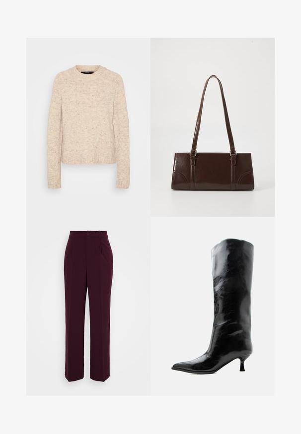 Pull en tricot beige avec un col rond, des bords côtes aux poignets et à l'ourlet, doté d'une finition douce et texturée avec des touches de couleurs plus sombres.; Pantalons sur mesure bordeaux de style droit, dotés d'une fermeture à bouton et de plis, fabriqués en un tissu lisse à finition mate.; Botte en cuir noire brillante, haute jusqu'au genou, avec bout pointu et talon bas courbé sur un fond clair uni.; Sac à main en cuir verni marron de forme rectangulaire, avec deux longues poignées et des accents courbés subtils à l'avant.