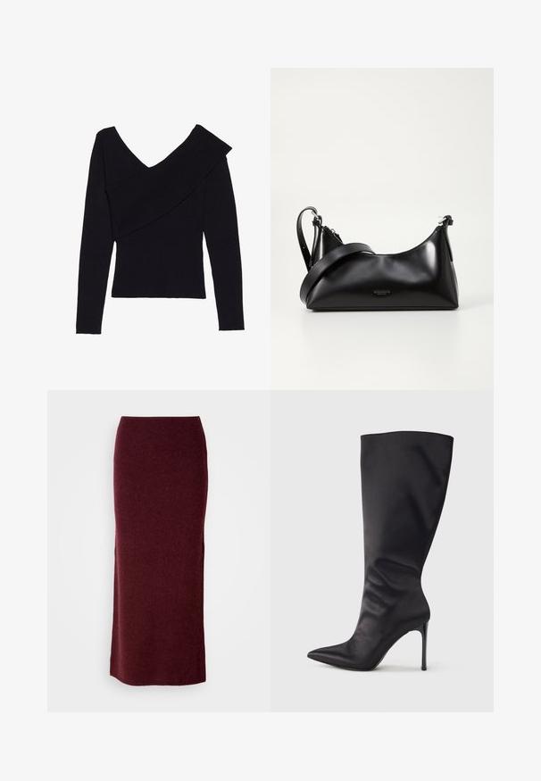 Even&Odd by Zalando Striktrøje - black; Bordeaux uld maxi nederdel med en tætsiddende silhuet, glat tekstur og lige kant. Ingen synlige lukninger eller udsmykninger.; Sort knæhøj stiletstøvle lavet af glat, glansfuldt materiale; spids tå; tætsiddende pasform med let samling nær anklen; skinnende hæl.; Sort læderhåndtaske med en glat tekstur. Har en justerbar stropp og et enkelt, minimalistisk design med lynlås.