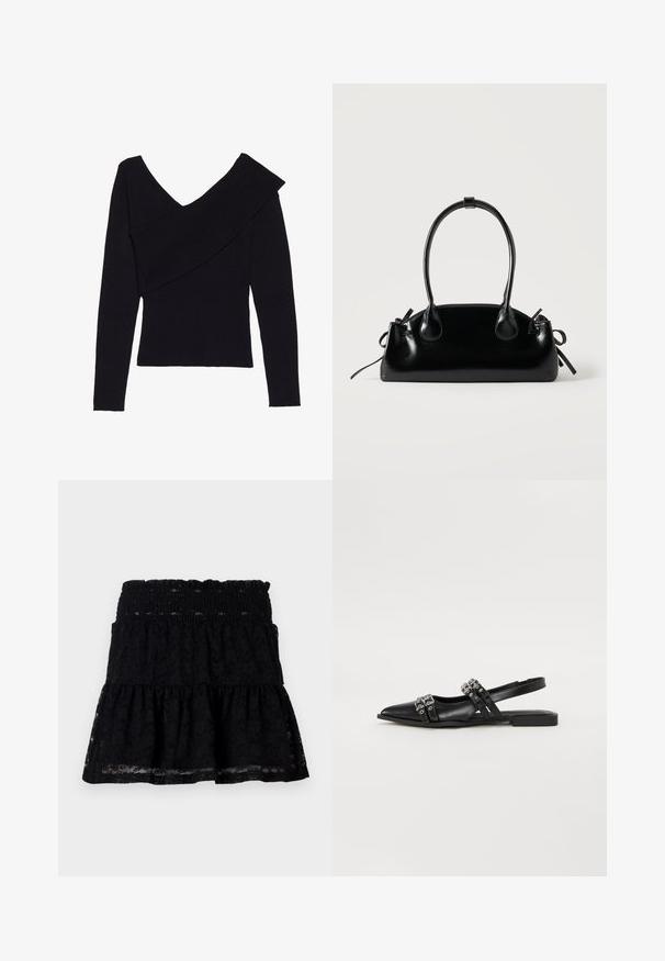 Even&Odd by Zalando Pullover - black; Jupe en dentelle noire avec une taille élastique. Caractéristiques d'un design évasé et à plusieurs niveaux, avec une texture transparente, créant une apparence en couches.; Even&Odd by Zalando Ballerines à brides arrière - black; Petit sac à main noir brillant avec deux longues anses et des détails à cordon sur les côtés sur un fond clair uni.
