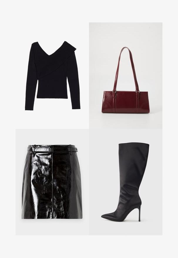 Even&Odd by Zalando Jersey de punto - black; Mini falda de cuero negro brillante con un cinturón a juego y detalles de costura central.; Bota negra hasta la rodilla con tacón de aguja, hecha de material liso y elegante; punta puntiaguda; ajuste ceñido con un sutil fruncido cerca del tobillo; tacón brillante.; Bolso burdeos hecho de material brillante, de forma rectangular, con dos asas para el hombro y sutiles acentos curvados en la parte frontal.