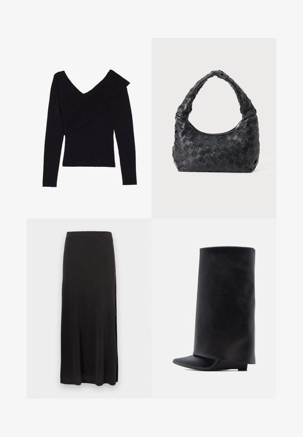 Even&Odd by Zalando Jersey de punto - black; Falda maxi negra hecha de tejido suave, con una silueta recta y una abertura lateral, textura lisa y cinturilla elástica.; Botines de cuero negro con un alto caña cilíndrica, punta puntiaguda y tacón bajo y plano, con una textura suave y diseño minimalista.; Bolso de hombro de cuero negro trenzado con un asa redondeada y un cuerpo en forma de media luna sobre un fondo liso.