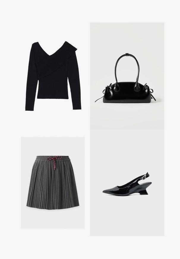 Even&Odd by Zalando Svetrík - black; Tmavosivá plisovaná sukňa s elastickým pásom a viazanou bordovou šnúrkou v strede vpredu.; Čierna lakovaná slingback topánka so špicatou špičkou a nízkym šikmým blokovým opätkom na jednoduchom svetlom pozadí.; Malá čierna lesklá kabelka s dvoma dlhými rúčkami a bočnými šnúrkovými detailmi na jednoduchom svetlom pozadí.