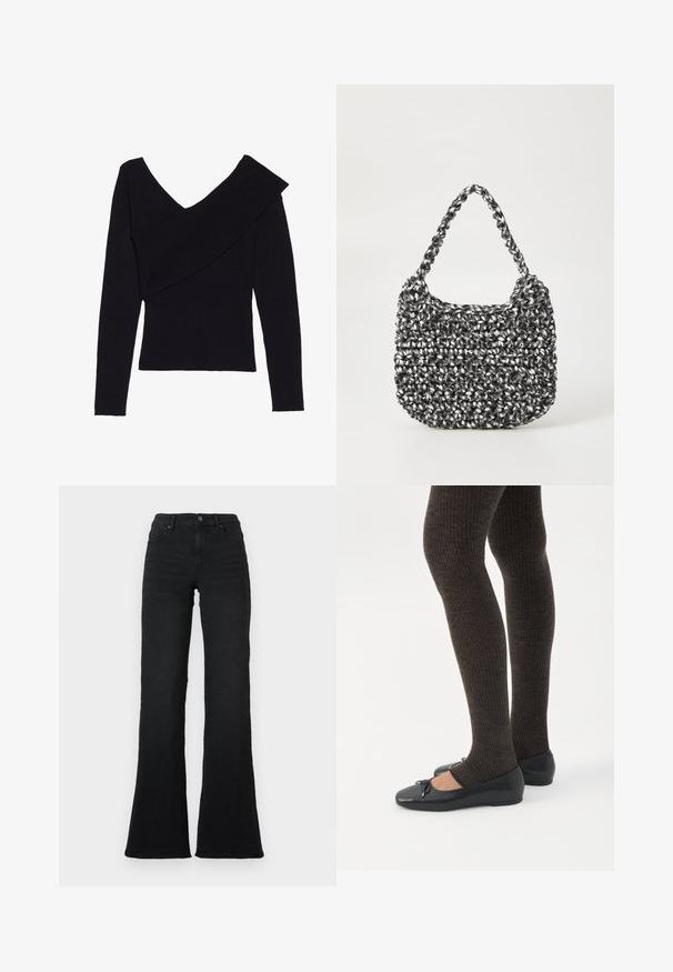 Even&Odd by Zalando Svetrík - black; Čierne vysoké rozšírené džínsy s prednými vreckami, pútkami na opasok a zapínaním na gombík na bielom pozadí.; Nohy v tmavých pásikavých legínach v kombinácii s čiernymi balerínkami s malými mašličkami na bielom pozadí.; Tkaná kabelka v čierno-bielej kombinácii s oválnym tvarom, textúrovaným povrchom a pletenou rúčkou. Vhodná na bežné nosenie.
