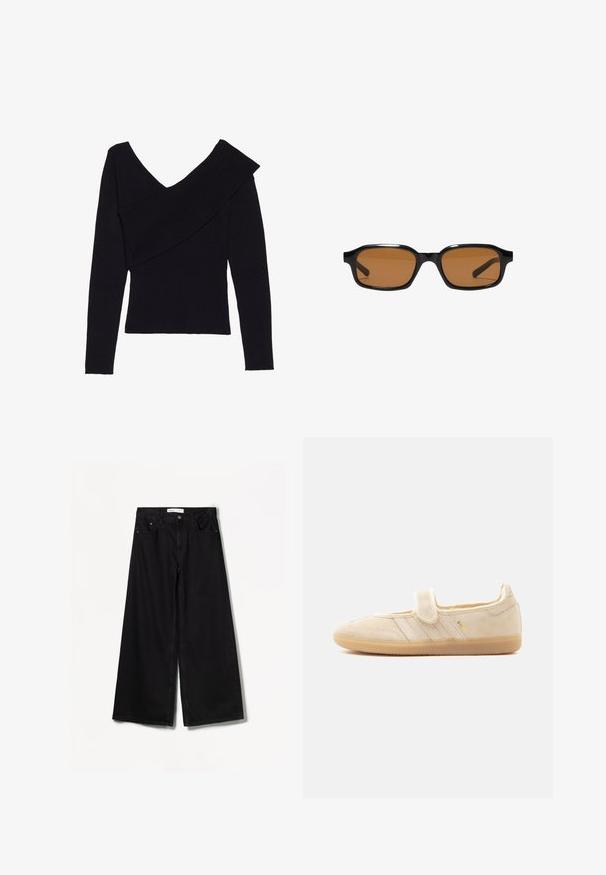 Even&Odd by Zalando Svetrík - black; Čierne široké džínsy vyrobené z denimu. Majú vysoký pás, predné a zadné vrecká a strieborné kovanie na zapínaní na gombík a zips.; Béžový semišový teniska Mary Jane s pásikom na suchý zips, gumovou podrážkou, tromi prešitými pásikmi a zlatým nápisom "SAMBA" na boku.; Čierne obdĺžnikové slnečné okuliare s hrubými rámami a hnedom sfarbenými šošovkami, zobrazené spredu na bielom pozadí.