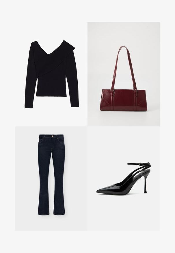 Even&Odd by Zalando Jersey de punto - black; Vaqueros de mezclilla azul oscuro con cintura de talle medio, botón delantero y ligero acampanado en la parte inferior sobre un fondo liso.; Zapato destalonado de piel de charol negra con tacón alto, punta puntiaguda y doble tirante en el tobillo con hebillas plateadas.; Bolso burdeos hecho de material brillante, de forma rectangular, con dos asas para el hombro y sutiles acentos curvados en la parte frontal.