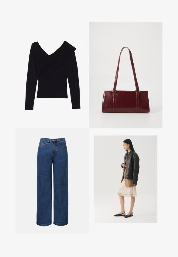 Even&Odd by Zalando Svetrík - black; Tmavomodré denimové nohavice so širokými nohavicami a vysokým pásom, s gombíkovým zapínaním, pútkami na opasok a prednými a zadnými vreckami. Hladká textúra.; Čierna kožená bunda cez hnedý top, doplnená svetlým krémovým slip šatám s krajkovým lemom a čiernymi topánkami so zadným remienkom.; Bordová kabelka vyrobená z lesklého materiálu, obdĺžnikový tvar, s dvoma ramennými popruhmi a jemnými zakrivenými akcentmi na prednej strane.