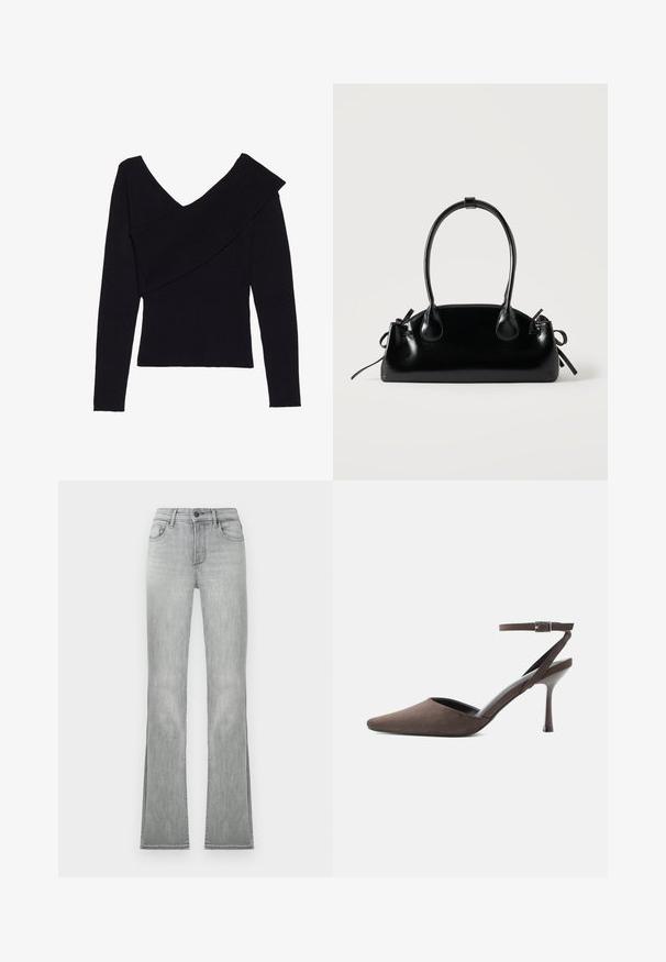 Even&Odd by Zalando Svetrík - black; Svetlošedé rozšírené džínsy s hladkou denimovou textúrou, obsahujúce predné vrecká a zapínanie na gombík. Spodný lem má bočné rozparky pre dodatočný detail.; Hnedá semišová vysoká podpätková topánka so zašpicatenou špičkou, tenkým remienkom okolo členka a striebornou prackou na bielom pozadí.; Malá čierna lesklá kabelka s dvoma dlhými rúčkami a bočnými šnúrkovými detailmi na jednoduchom svetlom pozadí.