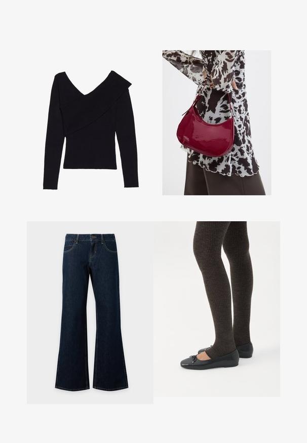 Even&Odd by Zalando Svetrík - black; Tmavomodré riflové nohavice s gombíkom a zipsom vpredu, s piatimi vreckami a mierne rozšírenými širokými nohavicami.; Nohy v tmavých pásikavých legínach v kombinácii s čiernymi balerínkami s malými mašličkami na bielom pozadí.; Žena v čierno-bielom vzorovanom blúzke drží lesklú červenú kabelku cez rameno na jednofarebnom pozadí.