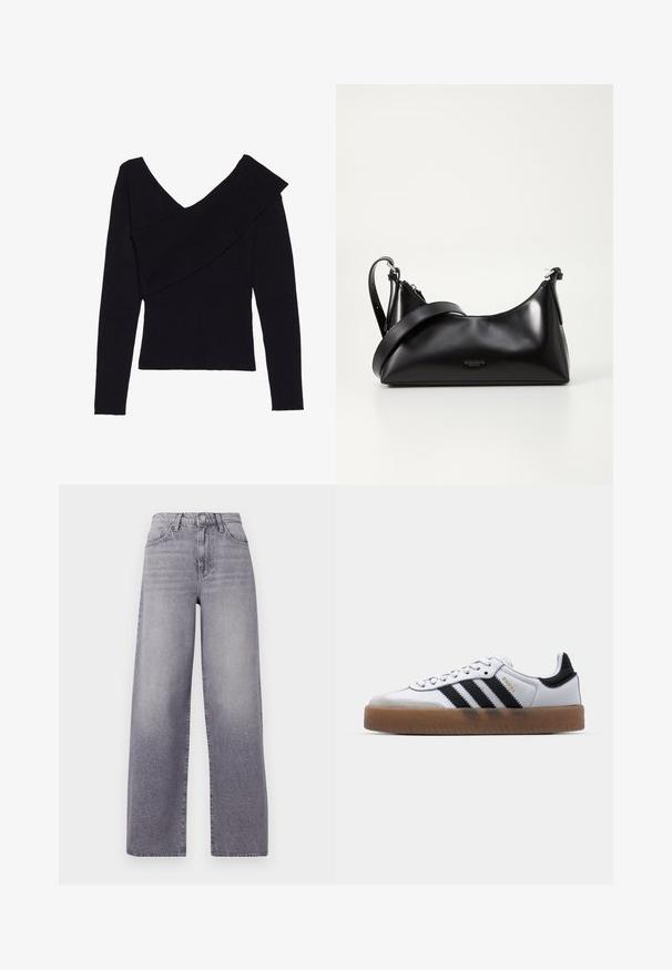 Even&Odd by Zalando Džemper - black; Kõrge vöökohaga, laia säärega teksapüksid heledast hallist denimist. Omab klassikalist viit taskut, kerget kulumist ja metallist nööbiga sulgemist.; Valged nahast tossud mustade triipudega, kummist välistald, ümmargune nina, seotud sulgemine ja pehme hall suede ninaosa.; Mustmust nahkaga kott sileda tekstuuriga. Omab reguleeritavat rihma ja sujuvat, minimalistlikku disaini, millel on lukuga sulgemine.