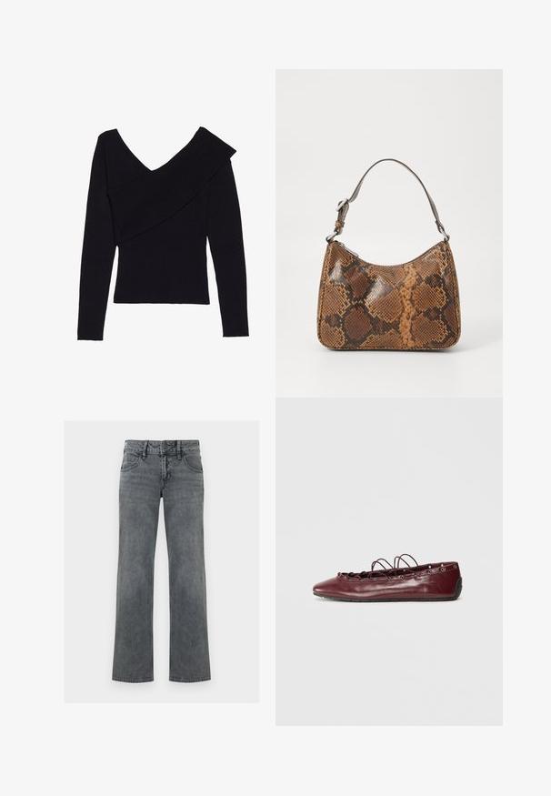 Even&Odd Jersey de punto - black; Jeans de mezclilla gris de pierna recta con botón frontal, cremallera y diseño de cinco bolsillos, exhibidos contra un fondo blanco.; Bailarina de cuero burdeos con punta afilada, detalles de encaje en la parte frontal y ojales plateados. Suela suave para flexibilidad y comodidad.; Pequeño bolso de mano con un patrón de piel de serpiente marrón y negro, correa corta ajustable y cierre de cremallera.