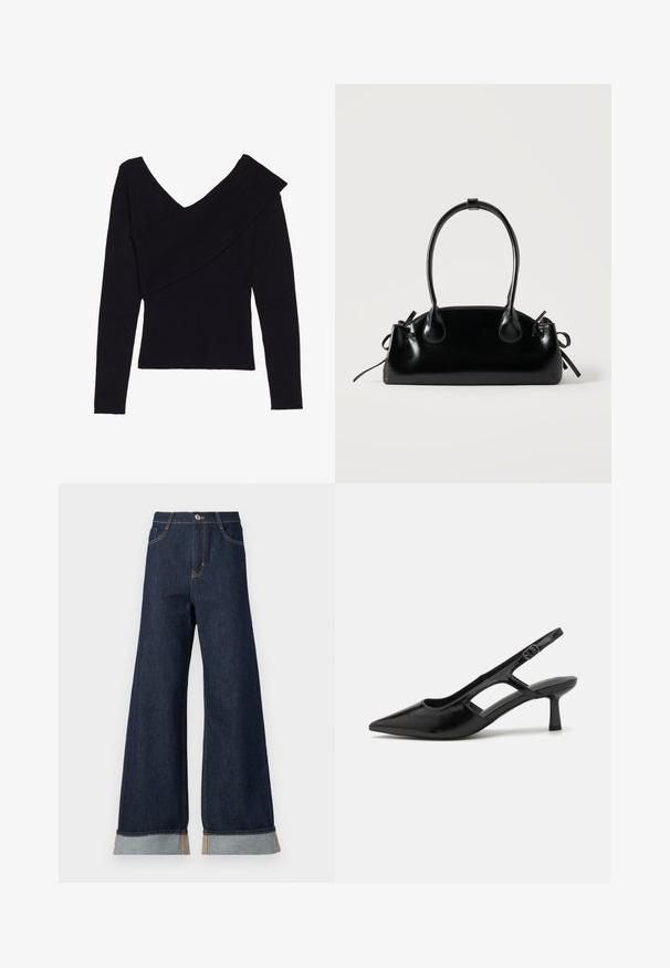 Even&Odd by Zalando Jersey de punto - black; Jeans de mezclilla oscuros de pierna ancha con costuras naranjas, con una cintura alta, dos bolsillos delanteros y puños enrollados que muestran una tela de contraste en azul claro.; Tacones de slingback negros con punta afilada, hechos de material brillante, que presentan acentos recortados y un tacón moderado para mayor soporte.; Pequeño bolso negro brillante con dos asas largas y detalles de cordón lateral sobre un fondo claro liso.