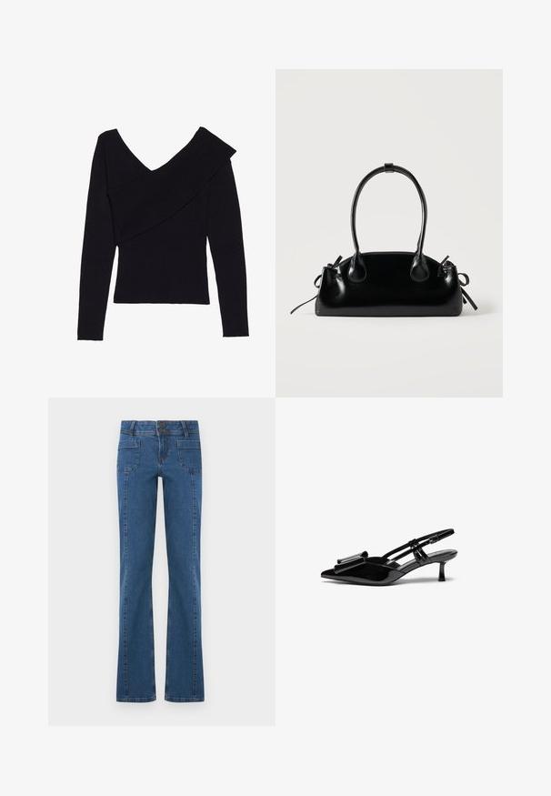 Even&Odd by Zalando Trui - black; Blauwe spijkerbroek met voorzakken, dubbele knoopsluiting en licht uitlopende pijpen, plat gelegd op een witte achtergrond.; Zwarte gepatineerde lederen slingback hakken met een puntige neus, een strikdetail aan de voorkant en een kleine stilettohak. De bandjes hebben verstelbare gespen.; Kleine zwarte glanzende handtas met twee lange hengsels en zijkant trekkoord details op een effen lichte achtergrond.