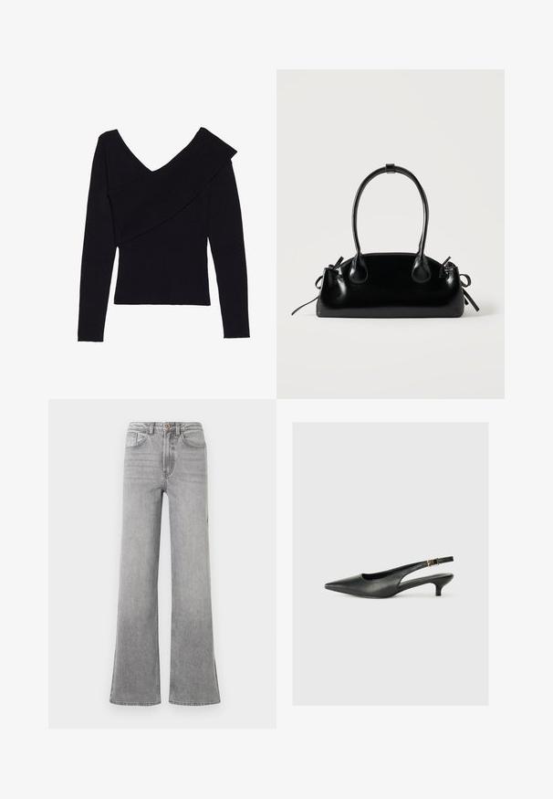Even&Odd by Zalando Trui - black; Grijze denim flared jeans met een hoge taille, voorkruiszakken, riemlussen en een subtiele vervaagde afwerking, gepresenteerd op een witte achtergrond.; Zwarte puntschoen met slingback van soepel leer. Kenmerkt zich door een dunne hak en een gespdetail op de verstelbare band.; Kleine zwarte glanzende handtas met twee lange hengsels en zijkant trekkoord details op een effen lichte achtergrond.