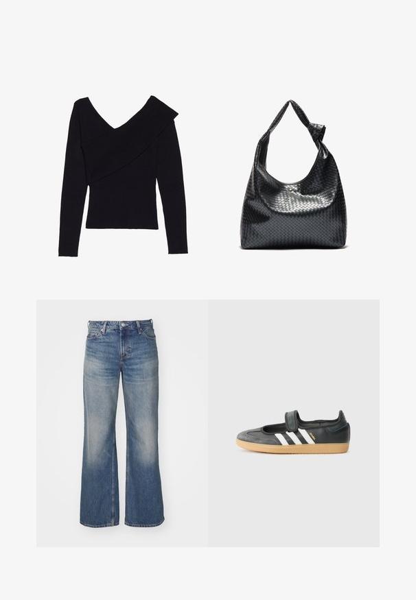 Even&Odd by Zalando Svetrík - black; Svetlomodré džínsy s širokým strihom, s vyblednutou farbou, piatimi vreckami a gombíkovým zapínaním. Dôkladné šitie pozdĺž švov.; Čierne kožené a zamšové tenisky s Velcro pásikom, s tromi bielymi pruhmi a gumenou podrážkou, označené nápisom "SAMBA" na boku.; Čierna tkaná kožená kabelka s voľným dizajnom, vybavená uzlovou rukoväťou a malým dekoratívnym zlatým nýtom na vrchu.