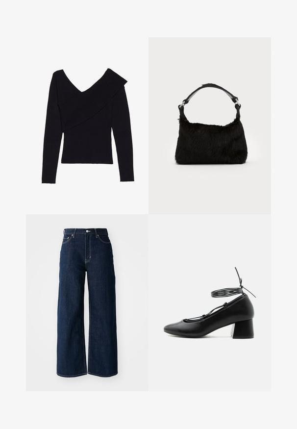 Even&Odd by Zalando Svetrík - black; Široké tmavomodré džínsy so kontrastným prešívaním, dizajnom s piatimi vreckami a zapínaním na gombík v páse.; Čierna kožená topánka so stredným podpätkom, špicatou špičkou, krížovými remienkami a obopínajúcim viazaním okolo členku na bielom pozadí.; Čierna kabelka z umelého kožušiny s jemnou textúrou, zaobleným tvarom a pevným čiernym koženým ramenným popruhom. Viditeľné akcenty zo strieborného kovu.