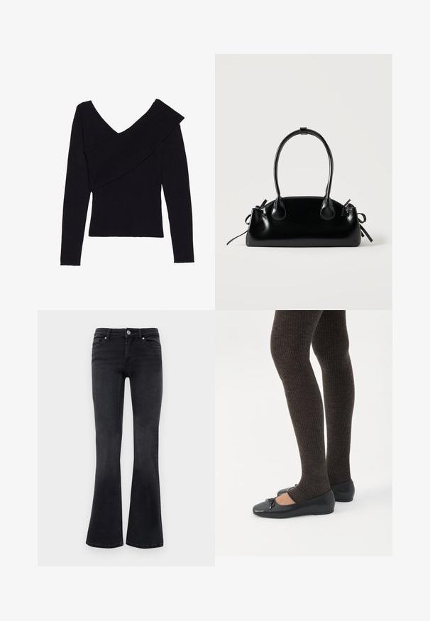 Even&Odd by Zalando Džemper - black; Mustad teksapüksid bootcut stiilis, millel on ees nupp, tõmblukk, vöökohaga aasad ja viis taskut.; Jalad seljas tumedad soonelises soonelises kombines mustade baleriinadega, millel on väikesed paelade detailid valgel taustal.; Väike must läikiv käekott kahe pika sangaga ja külgedel paelakinnitustega, ühel lihtsal helel taustal.