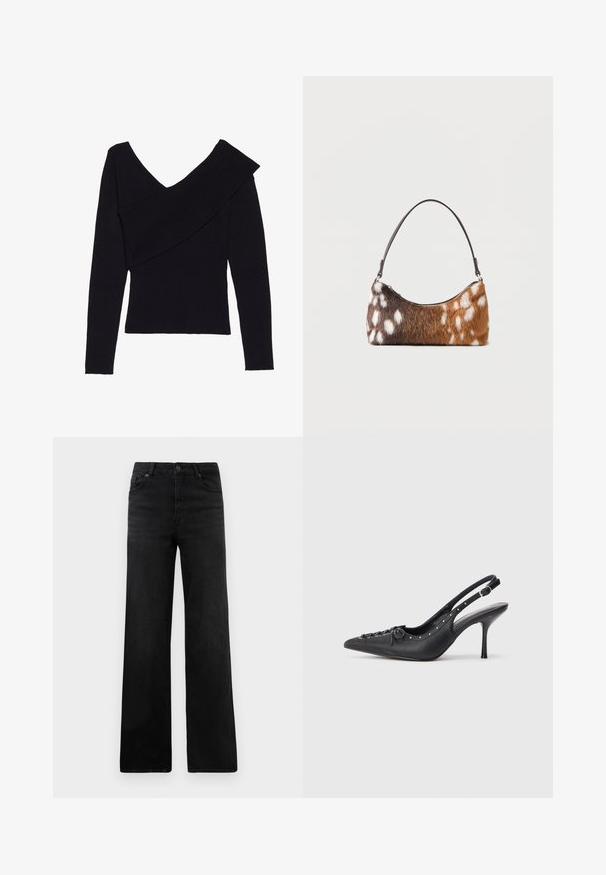 Even&Odd Jersey de punto - black; Vaqueros de mezclilla anchos en negro con un diseño clásico de cinco bolsillos, que cuentan con un cierre de botón y una textura sutil. Líneas limpias y mínimas decoraciones.; Sandal de tacón stiletto negro de cuero con punta afilada, correa lateral con hebilla, tachuelas a lo largo del borde y cordones decorativos en la parte delantera.; Bolso de hombro con piel sintética de manchas marrones y blancas y una correa negra delgada, mostrado sobre un fondo blanco.