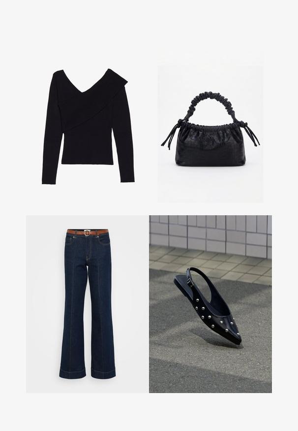 Even&Odd by Zalando Striktrøje - black; Mørkeblå denim flared jeans med et brunt bælte, der har kontraststing, to frontlommer og en opsmøgning i kanten.; Sort spids slingback-sko med sølvnitter, der svæver over asfalt tæt på flisebelagt væg.; Sort taske med krokodilletekstur, rynket øverste kant, samlet hank og snore med kvaster på hver side mod en hvid baggrund.