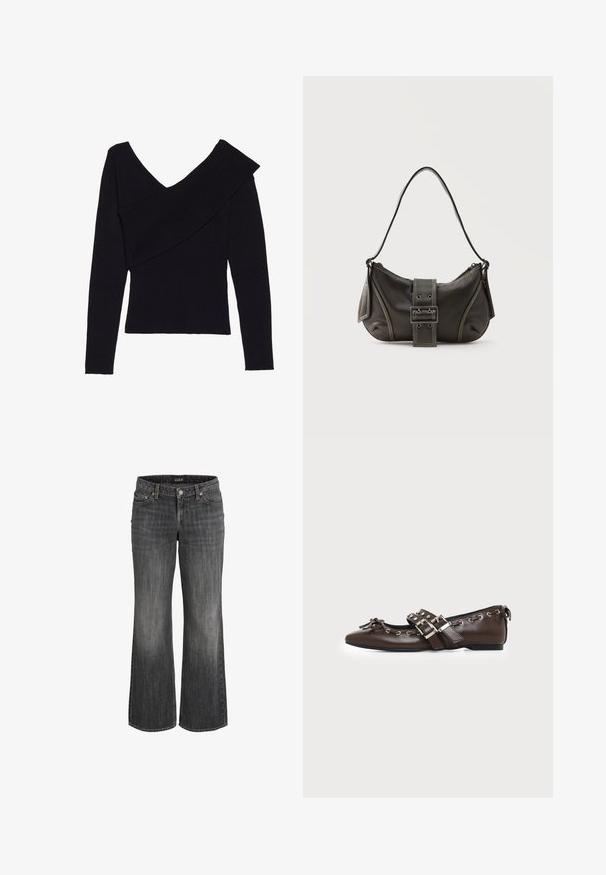 Even&Odd by Zalando Striktrøje - black; Sorte, falmede, straight-leg jeans i denim med forreste knap, bæltestropper og fem-lommer design.; Mørkebrune lædersko med flad sål og spids snude, dobbelt sølvsnørrebånd, metaløjer og dekorativ sløjfe foran.; Sort læder skuldertaske med spænde på remmen, afrundede kanter og kontrasterende hvide syninger på en ensfarvet baggrund.