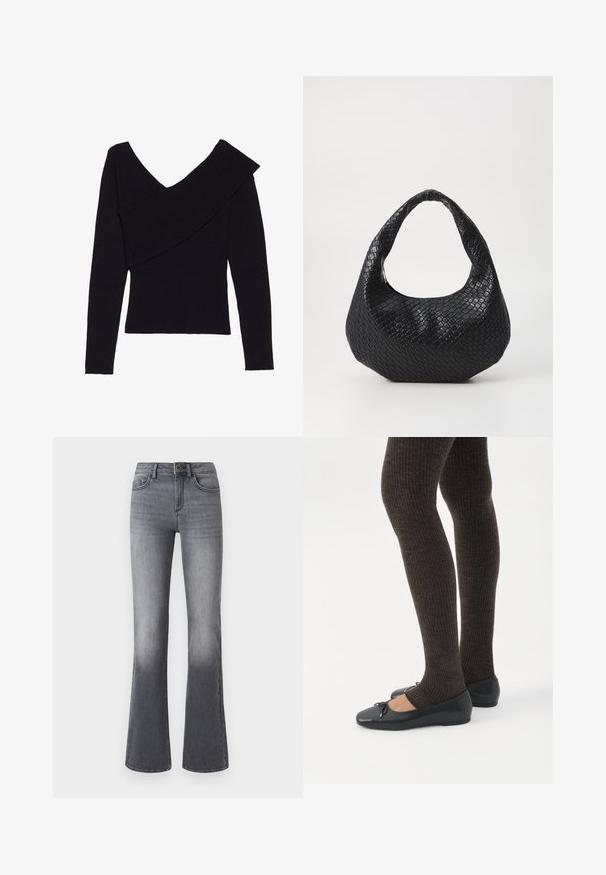Even&Odd by Zalando Jersey de punto - black; Jeans acampanados de tiro alto en denim gris oscuro, con bolsillos frontales, cierre de botón y un sutil desgaste hacia el dobladillo.; Piernas con leggings oscuros acanalados combinados con bailarinas negras que presentan pequeños detalles de lazo sobre un fondo blanco.; Bolso de mano tejido en negro con un asa curvada, que presenta una superficie texturizada y una forma holgada. Acabado suave con una silueta orgánica.
